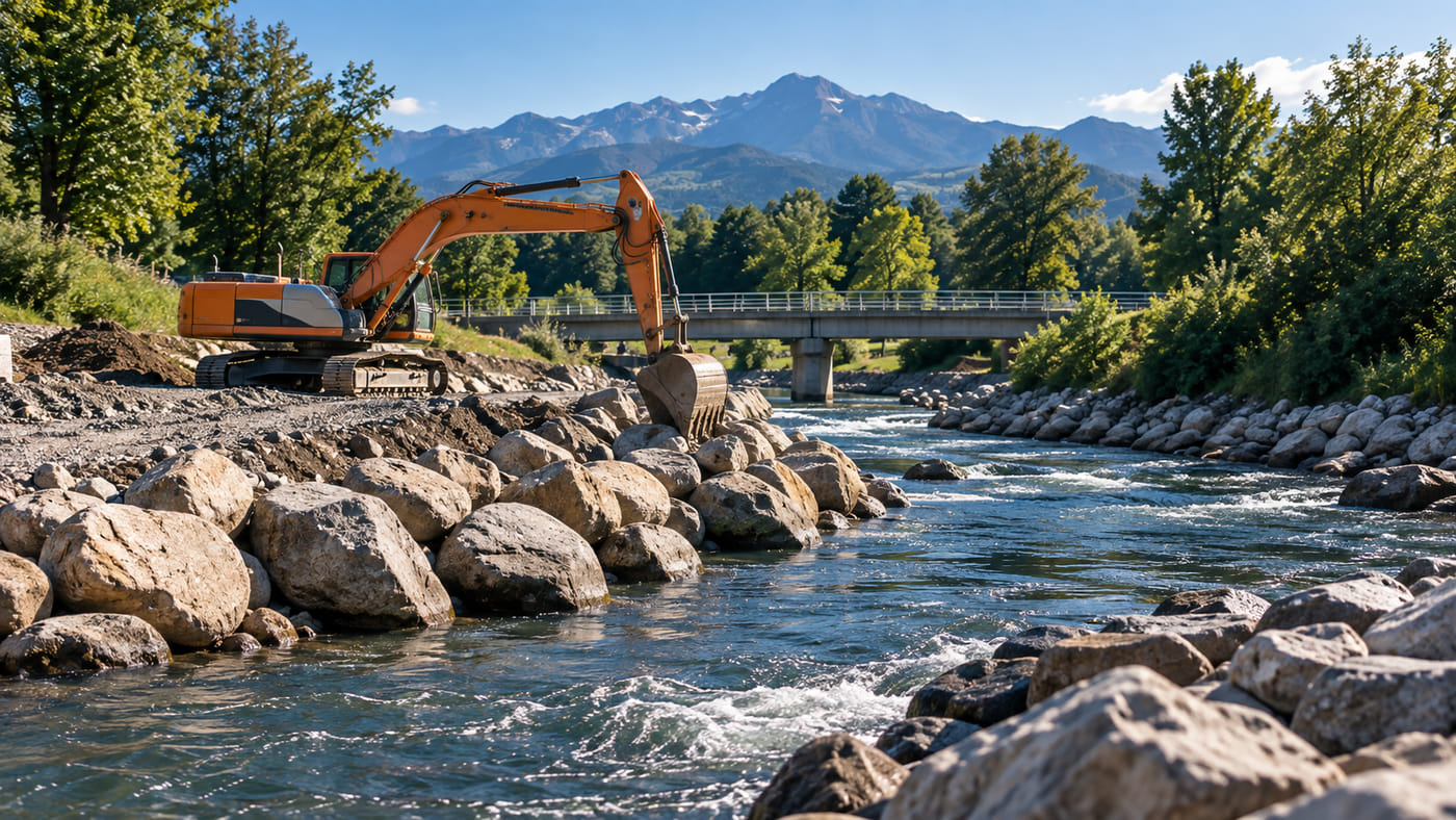 Travaux de protection de berge en rivière : pelle mécanique et enrochements