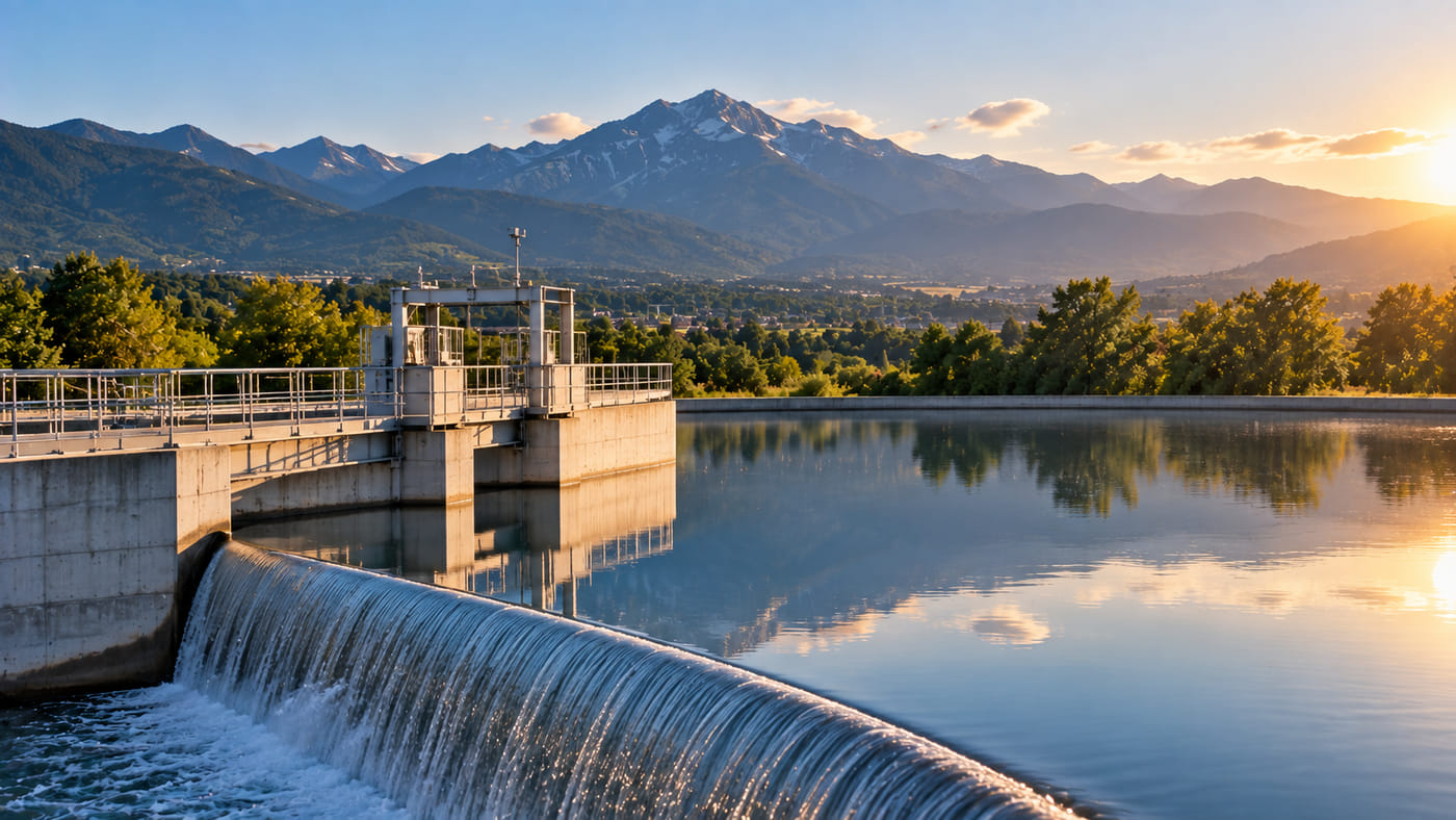 Ouvrage hydraulique et plan d’eau en fin de journée