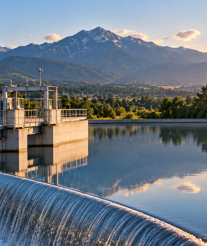 Ouvrage hydraulique et plan d’eau en fin de journée