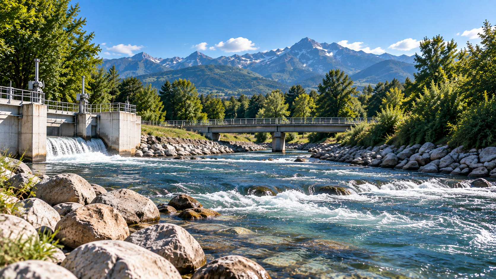 Cours d’eau de montagne et seuil en enrochements