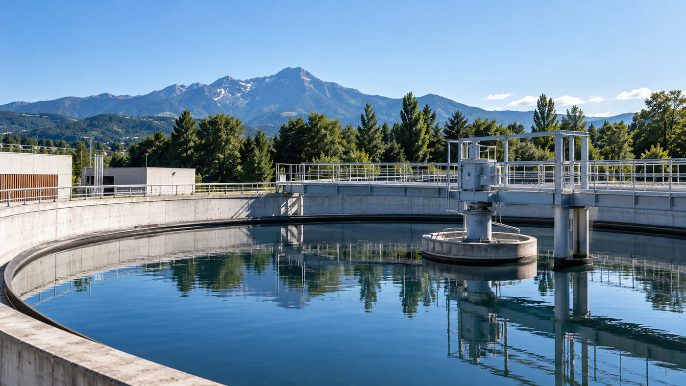 Bassins d’une station de traitement de l’eau au pied des Pyrénées